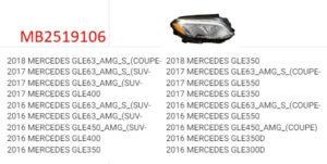 Mercedes Gle Headlight LED Passenger Side W/ Adaptive Click Image For Fitments) Gle- 2016-2018 (To 10/2017